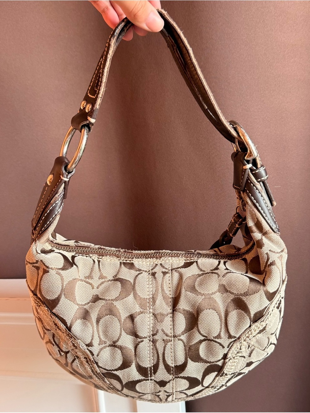 Vintage Coach brown and beige monogram hobo bag